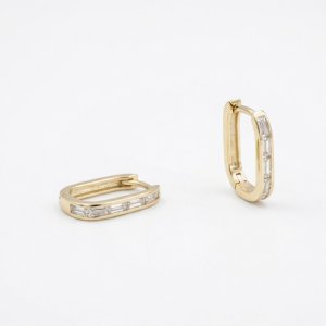 14K Gold Plated 925 Silver Baguette Zirconia Rectangle Huggie Earrings