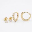 14K Gold Plated 925 Silver Huggie Hoops & Solitaire Studs Earring Set