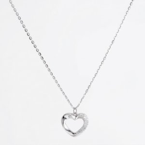 925 Sterling Silver Asymmetric Micro-Pave Open Heart Necklace