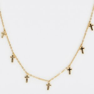 14K Gold Plated 925 Sterling Silver 7 Mini Cross Station Necklace