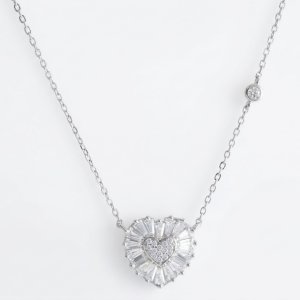 925 Sterling Silver Baguette Zircon Heart Necklace with Station Stone
