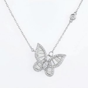 925 Sterling Silver Baguette Zircon Statement Butterfly Necklace