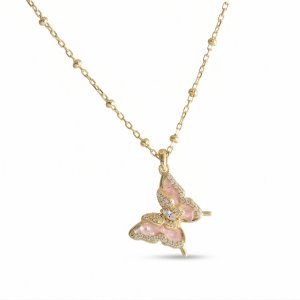 14K Gold Plated 925 Silver Pink Butterfly Necklace with Beaded Satellite Chain