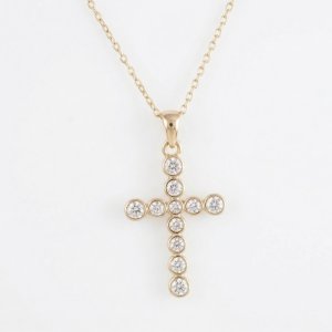 14K Gold Plated 925 Silver Bezel-Set Round Zirconia Cross Necklace
