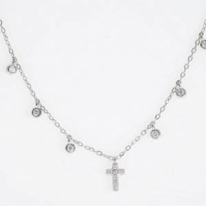 925 Sterling Silver Mini Cross Station Necklace with 6 Floating Zirconia