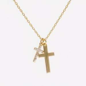 14K Gold Plated 925 Sterling Silver Double Cross Pendant Necklace