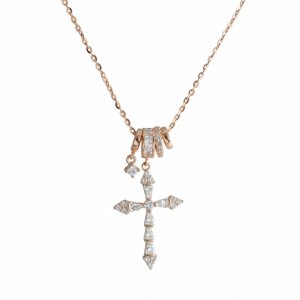 14K Rose Gold Plated 925 Silver Triple Ring Bail Cross Necklace