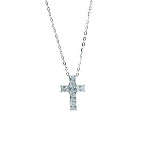 925 Sterling Silver Baguette Zircon Block Cross Necklace