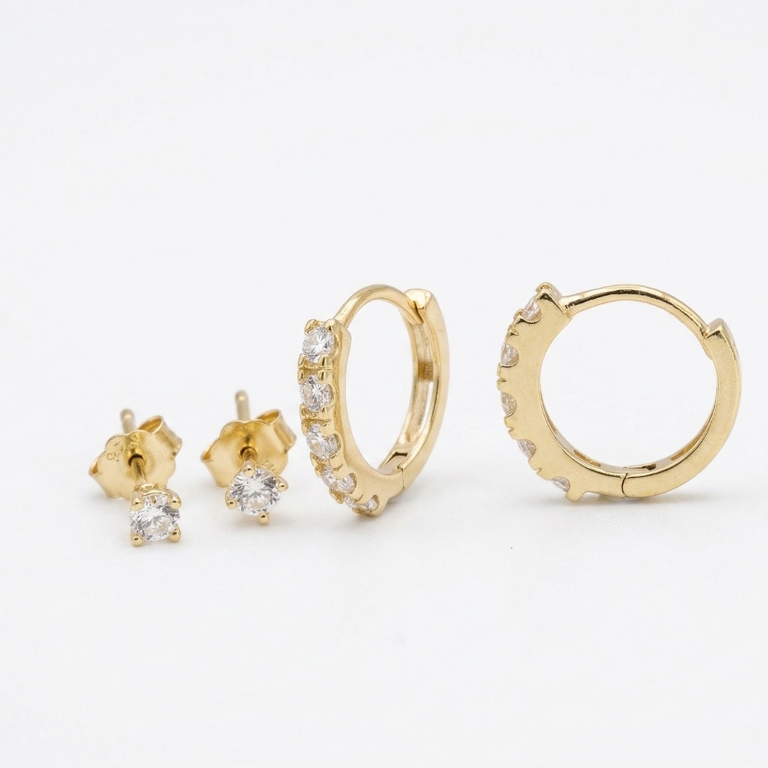 14K Gold Plated 925 Silver Huggie Hoops & Solitaire Studs Earring Set