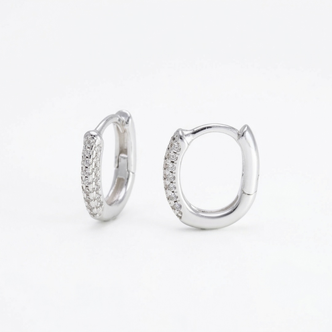 925 Sterling Silver Pave Zirconia Oval Huggie Hoop Earrings