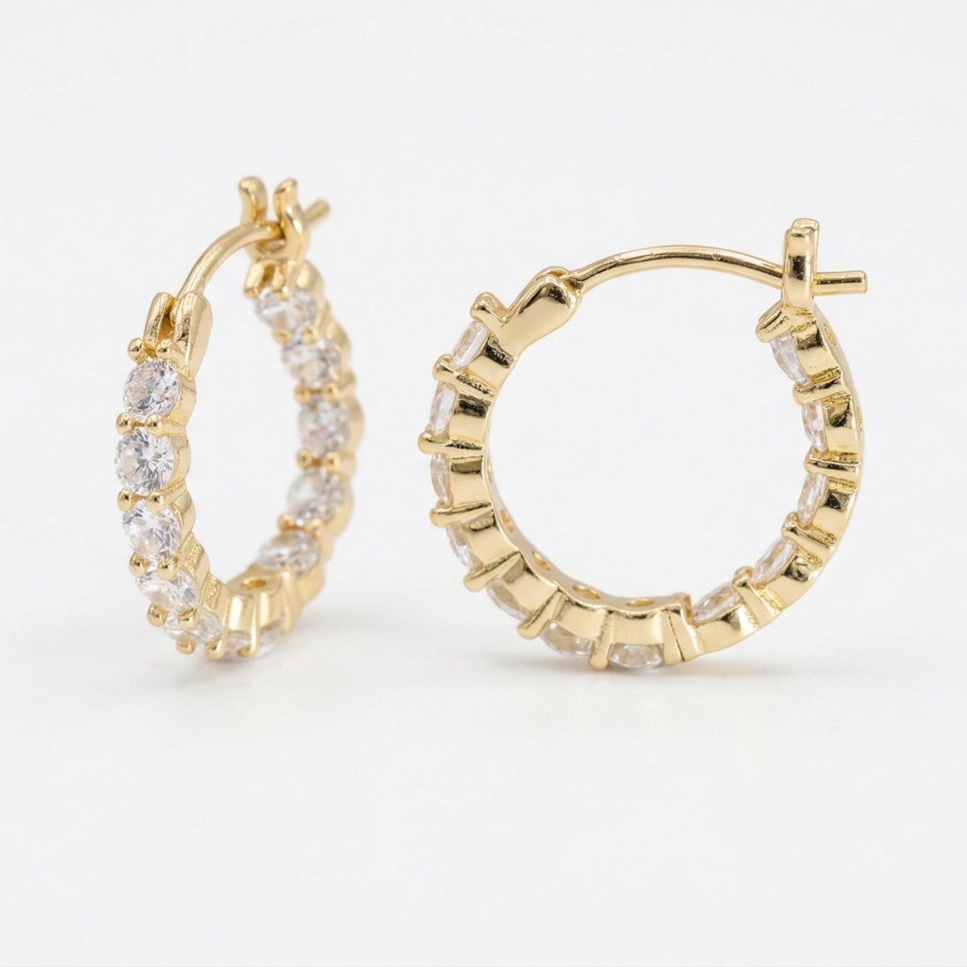 14K Gold Plated 925 Silver Single Row Zirconia Hoop Earrings