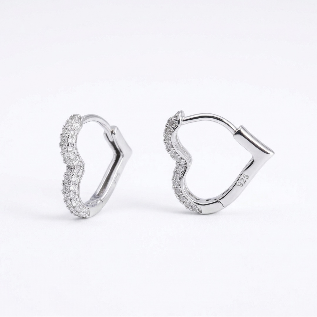 925 Sterling Silver Pavé Zirconia Heart Huggie Hoop Earrings