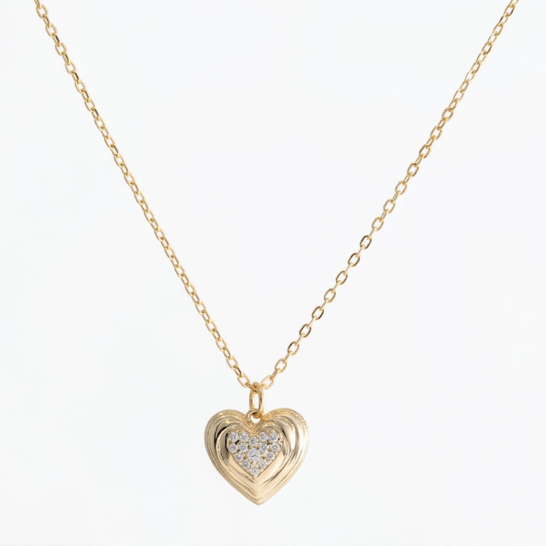 14K Gold Plated 925 Silver Ribbed Pave Heart Necklace