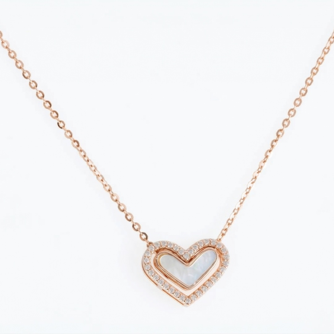 14K Rose Gold Plated 925 Silver Double Layer Pavé Heart Necklace
