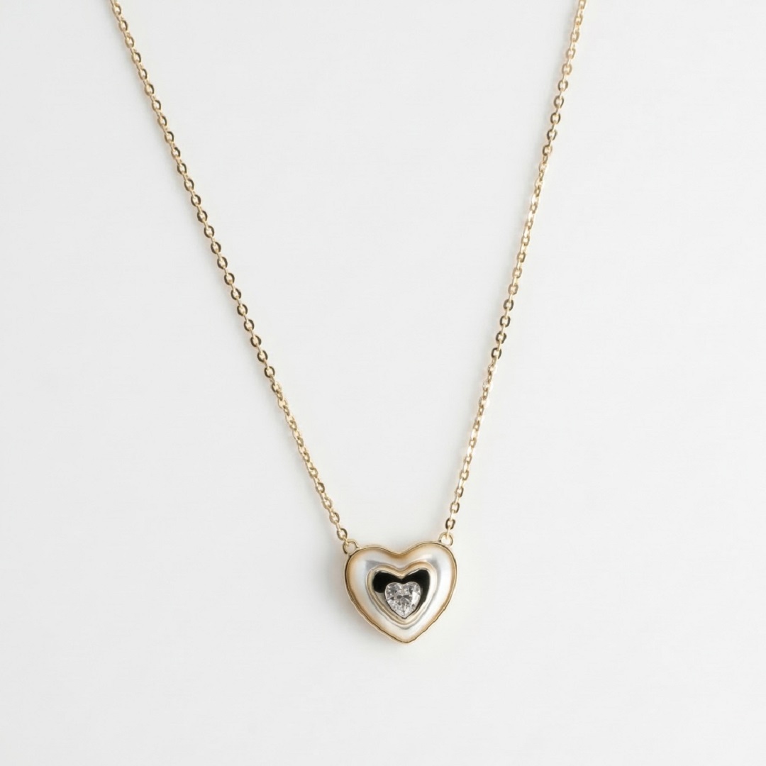 14K Gold Plated 925 Silver Mother of Pearl Layered Heart Necklace