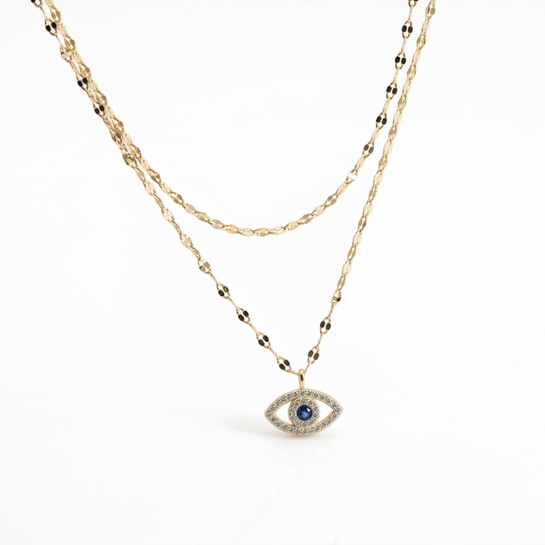14K Gold Plated 925 Silver Layered Double Chain Evil Eye Necklace