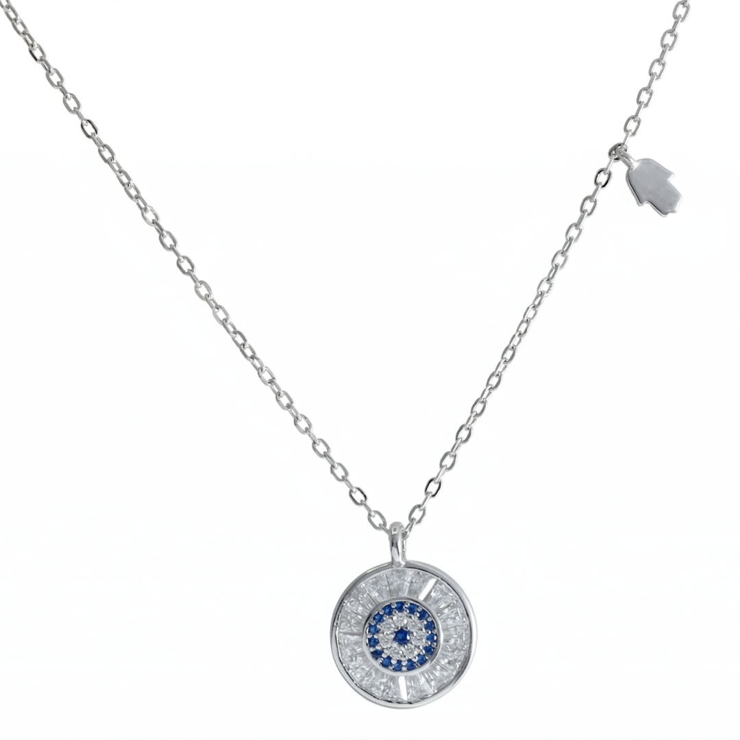 925 Sterling Silver Evil Eye Necklace with Hamsa Hand Charm