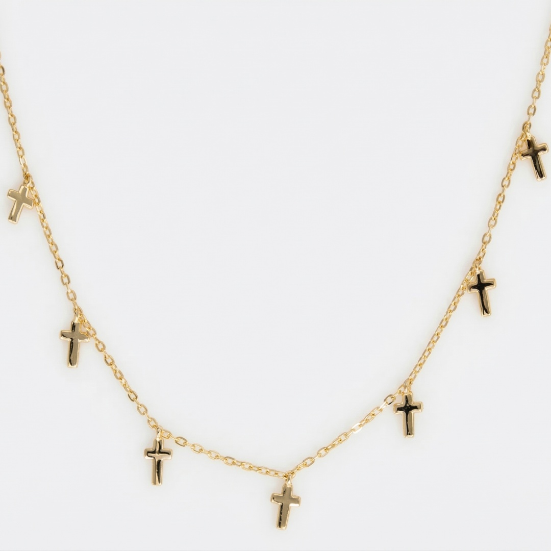 14K Gold Plated 925 Sterling Silver 7 Mini Cross Station Necklace