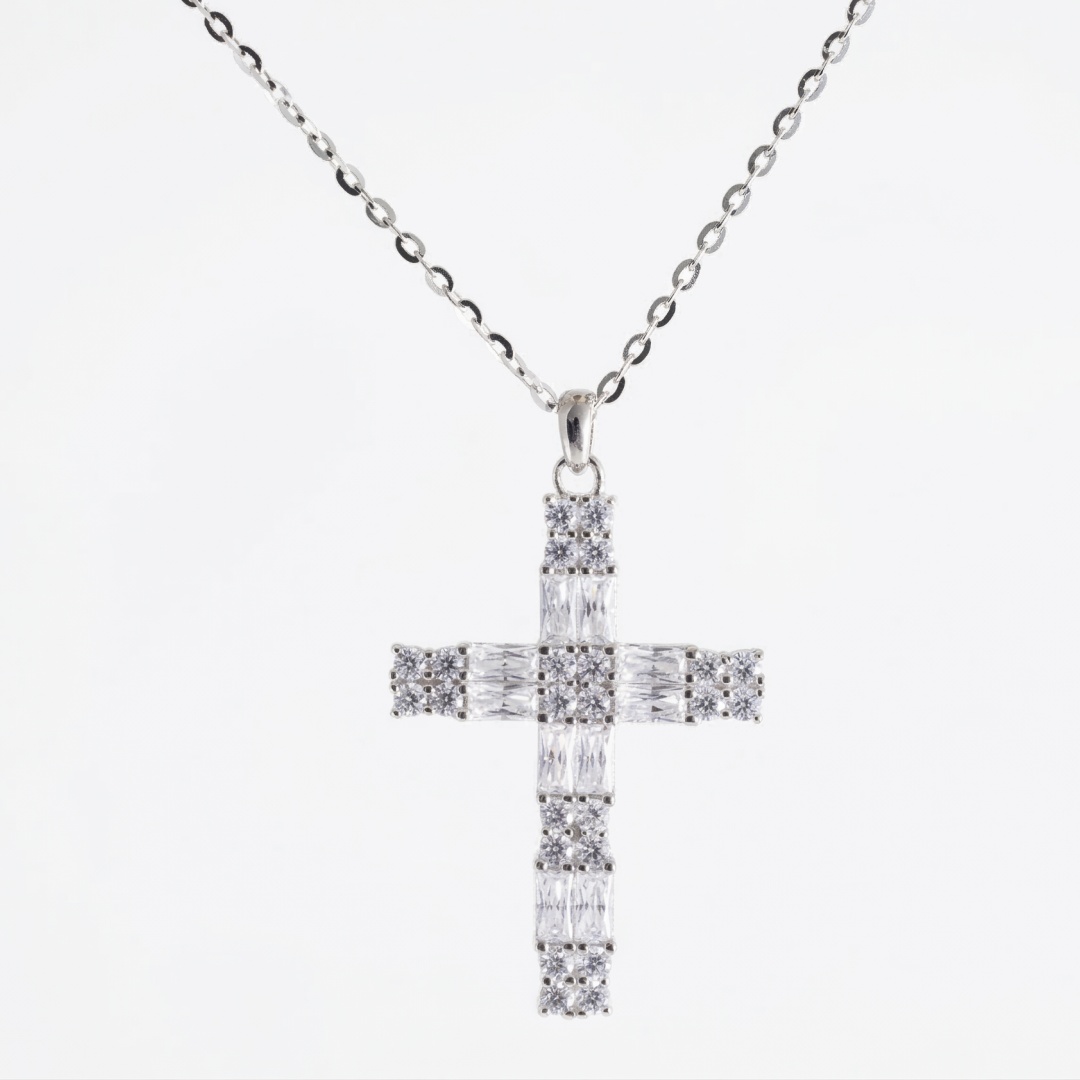 925 Sterling Silver Mixed-Cut Baguette & Round Zircon Cross Necklace