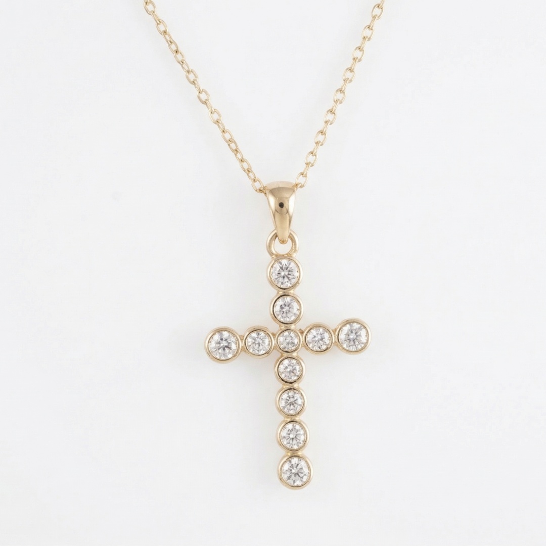 14K Gold Plated 925 Silver Bezel-Set Round Zirconia Cross Necklace