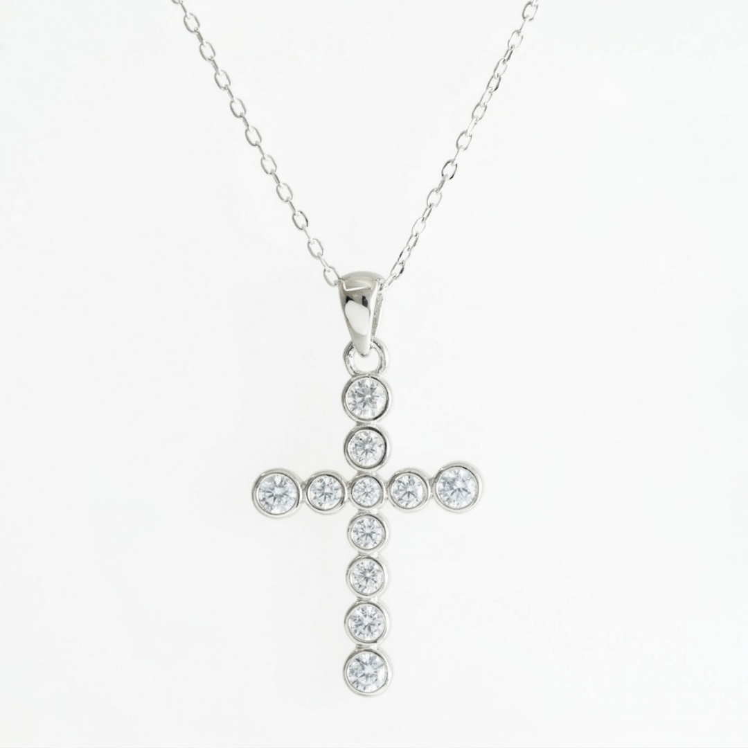 925 Sterling Silver Bezel-Set \"Bubble\" Cross Necklace