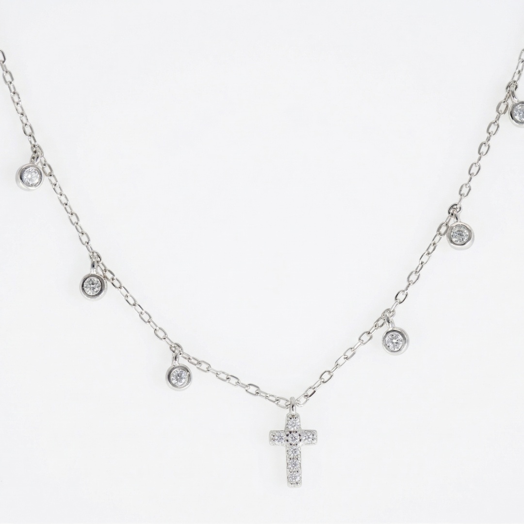 925 Sterling Silver Mini Cross Station Necklace with 6 Floating Zirconia