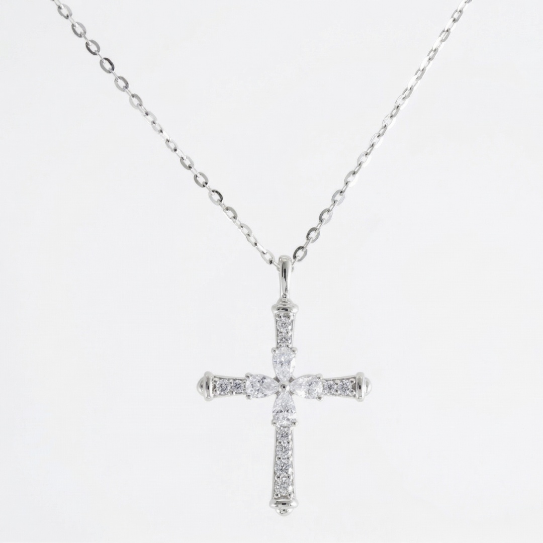925 Sterling Silver Pear-Cut Floral Center Cross Necklace