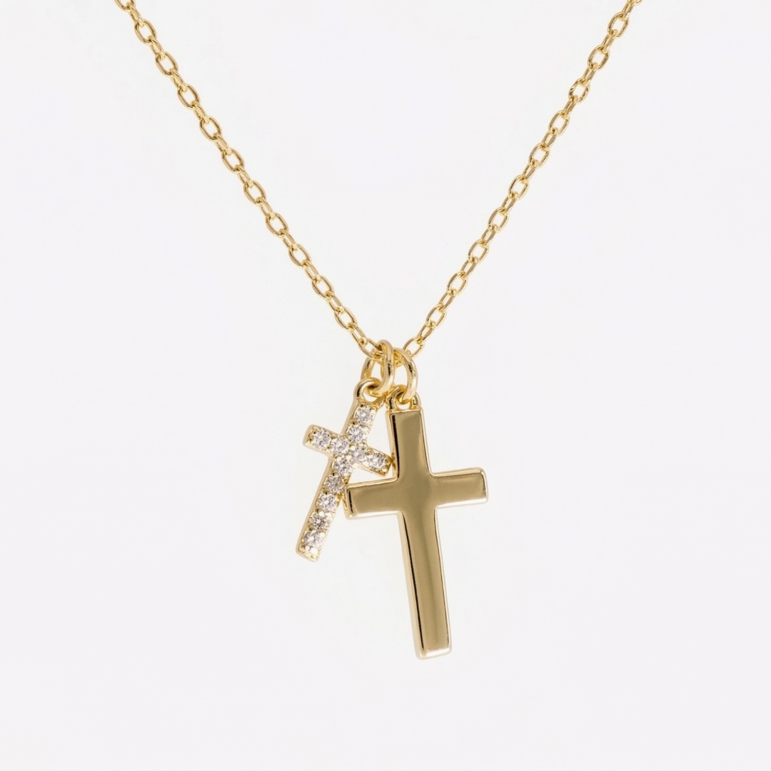 14K Gold Plated 925 Sterling Silver Double Cross Pendant Necklace