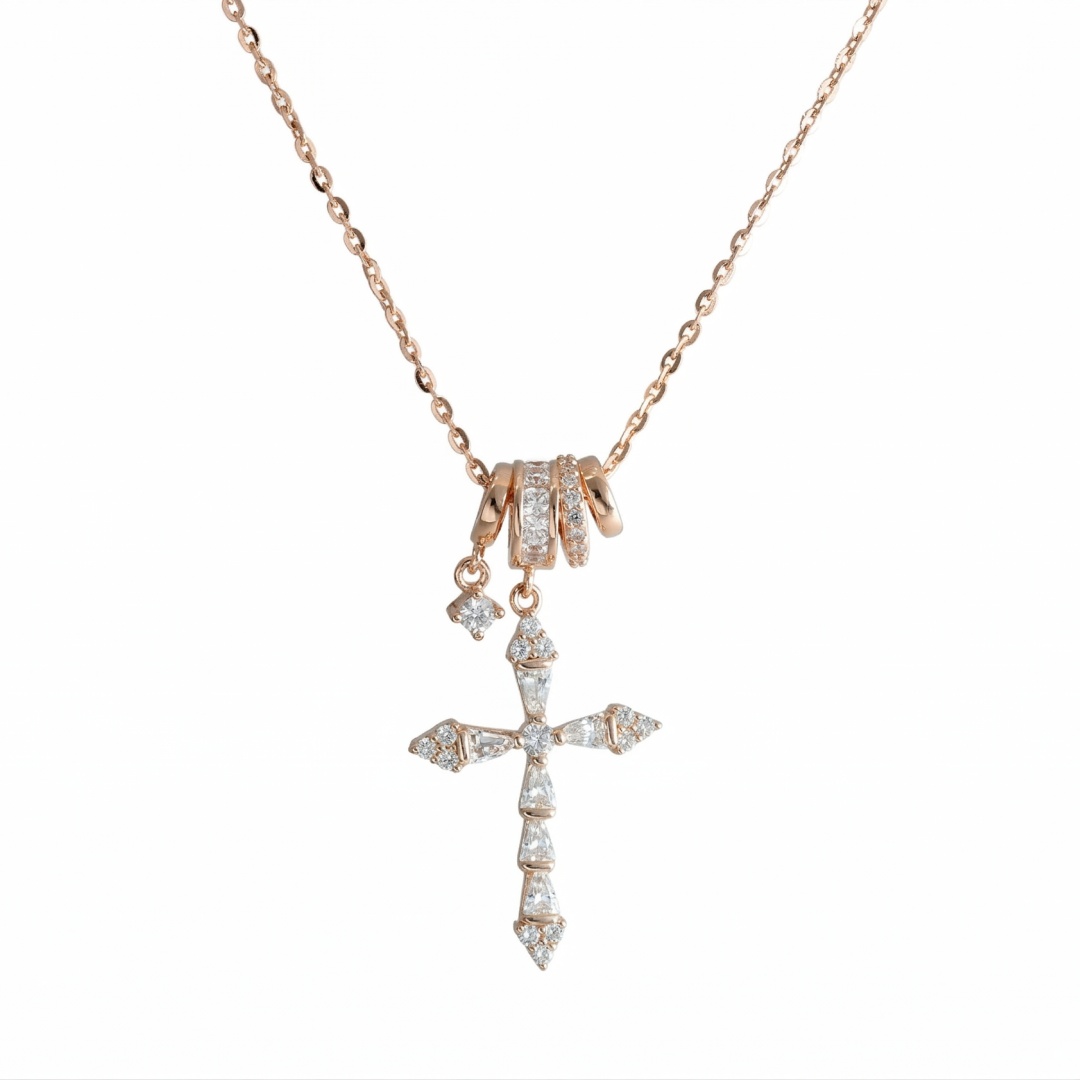 14K Rose Gold Plated 925 Silver Triple Ring Bail Cross Necklace