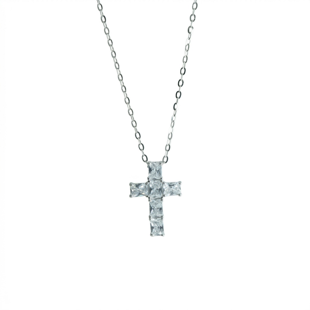 925 Sterling Silver Baguette Zircon Block Cross Necklace